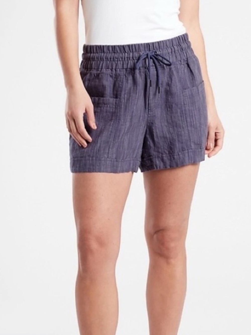 Athleta Cabo Linen 4” Shorts High-Waist Drawstring Shorts in Indigo